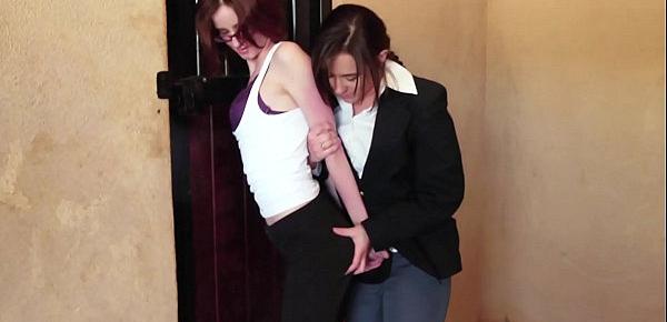  Sexy lesbian couple  Jay Taylor and Sinn Sage  touch each others bodies on a wooden horse